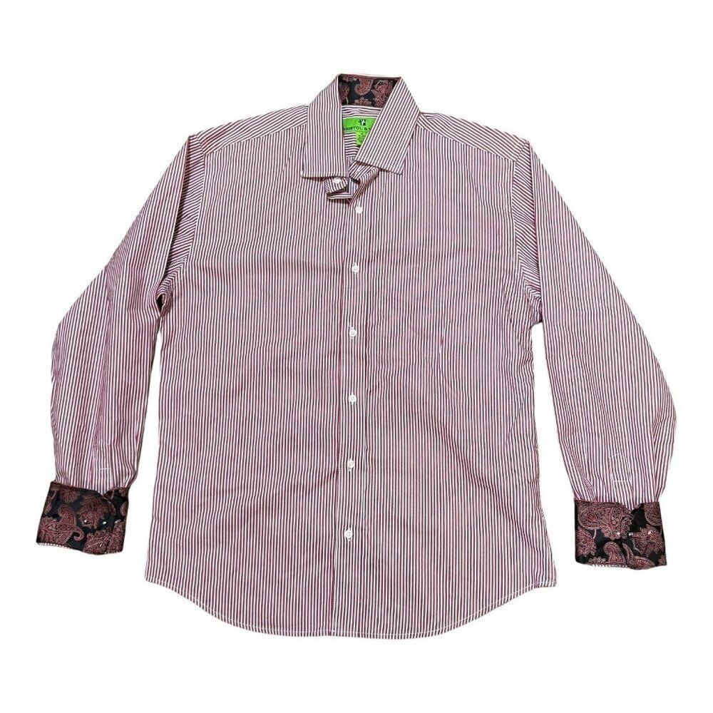 Bristol & Bull Mens Button-Up Shirt M 15  Paisley Flip Cuff Red & White Stripes